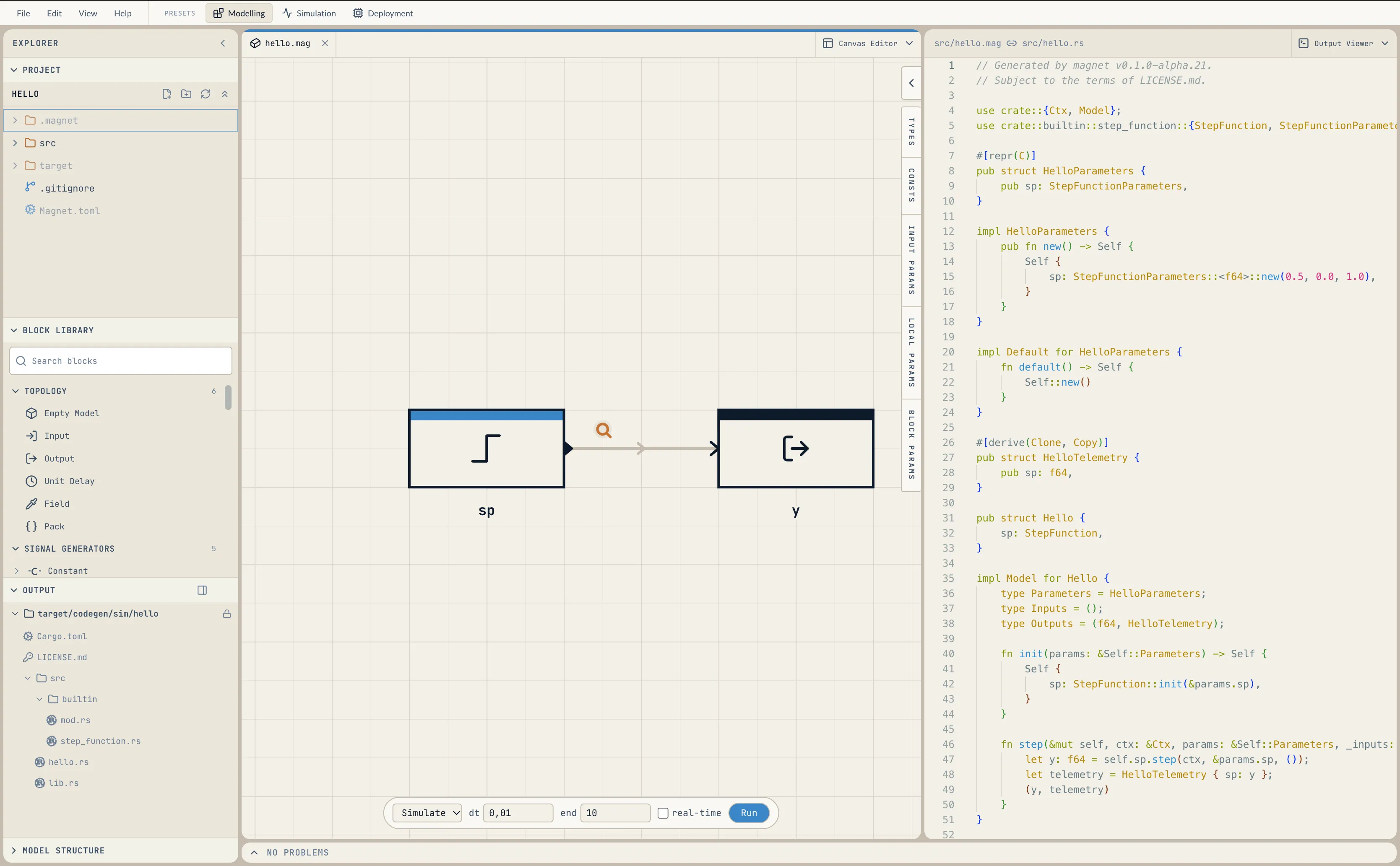 The editor after magnet new: the explorer on the left, the starter model on the canvas, the generated Rust on the right
