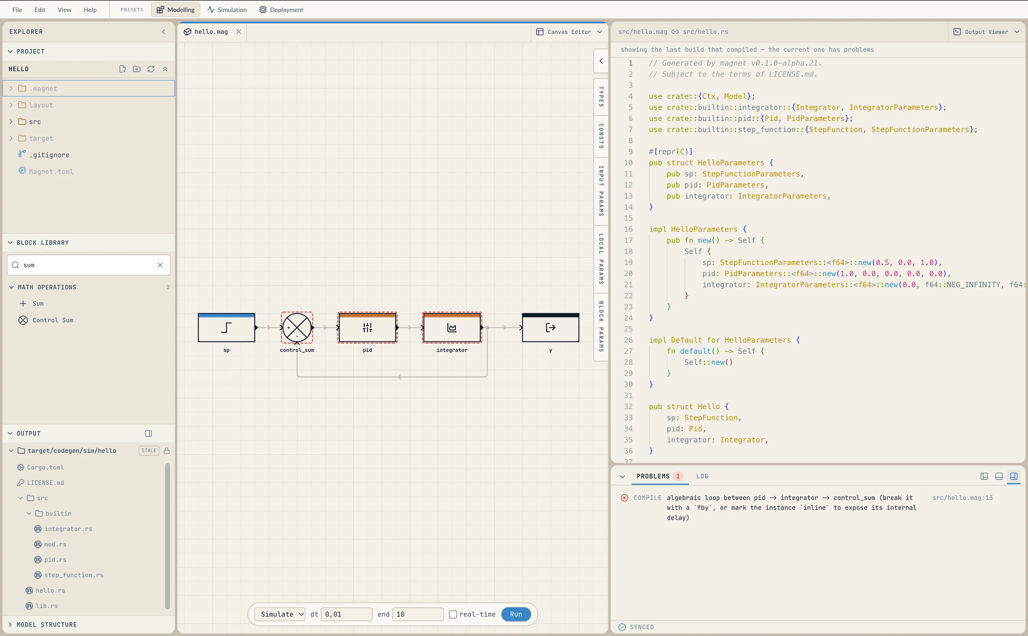 The loop closed without a delay: Control Sum, PID and Integrator outlined in red, and the Problems panel reporting an algebraic loop