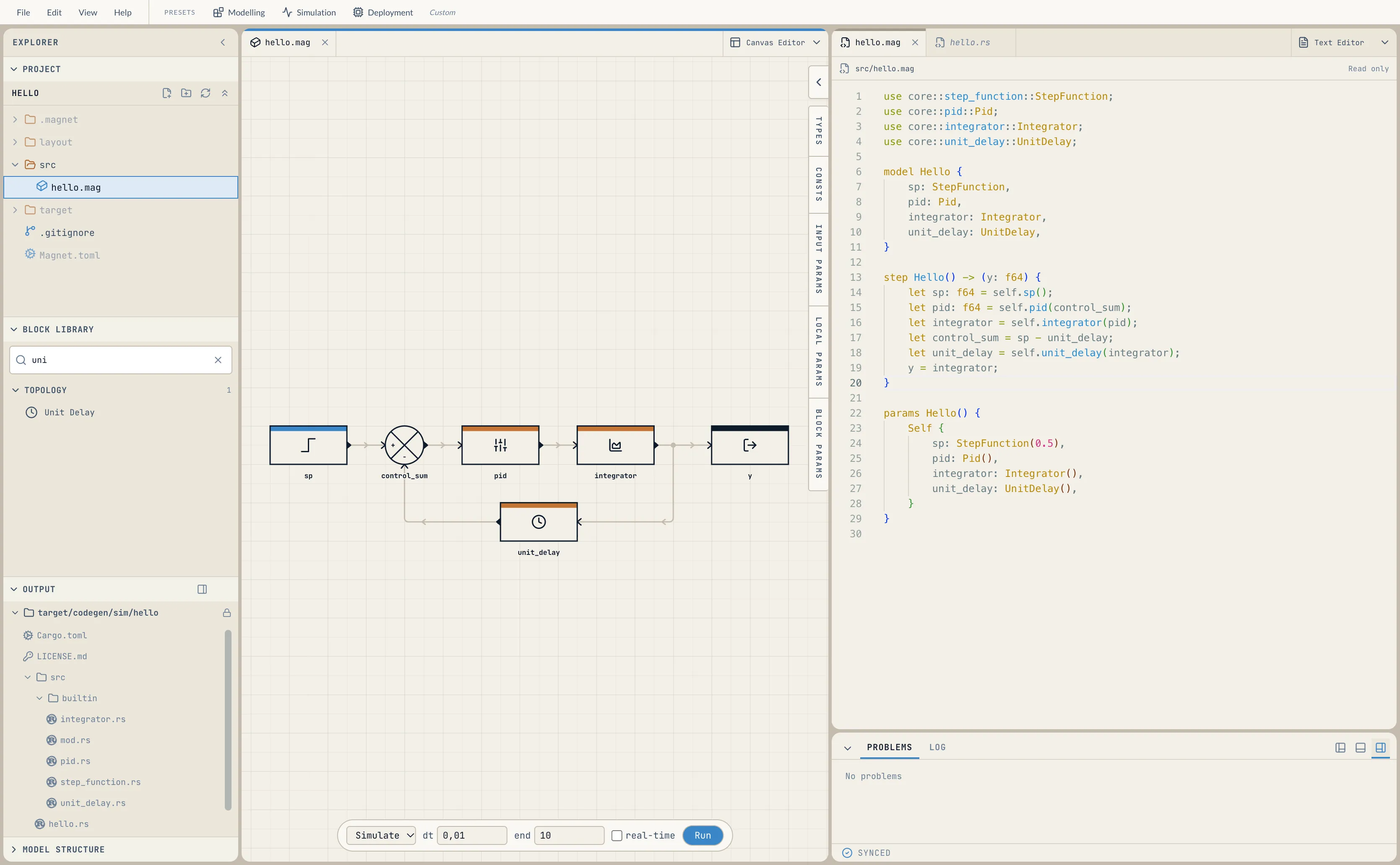 A PID feedback loop on the magnet gui canvas beside the .mag text it wrote: the model, the step, and the params block