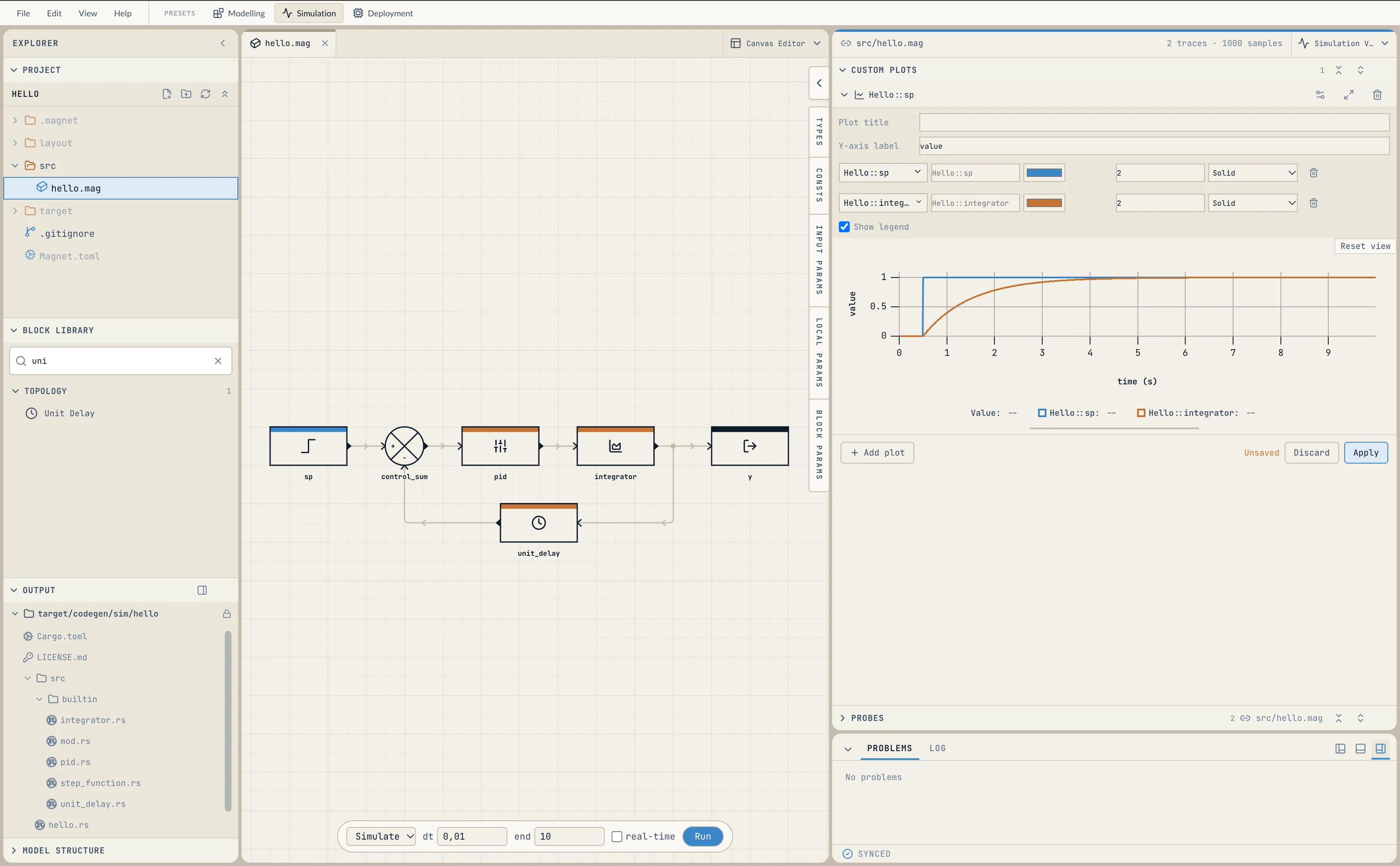 The Simulation preset: a custom plot of the setpoint and the plant output, which rises to meet it within about four seconds