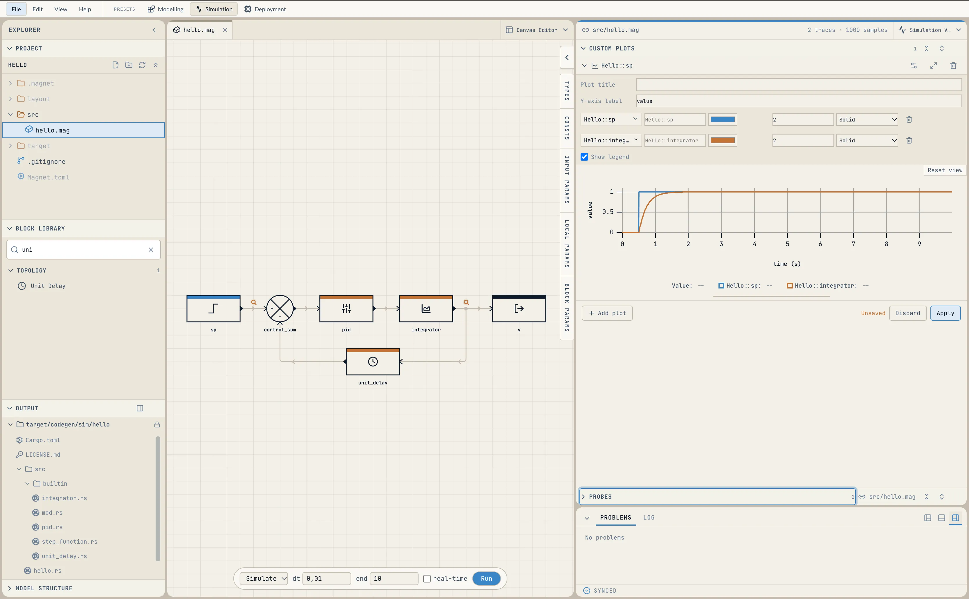 The same plot after setting Kp to 4: the plant output now reaches the setpoint in under a second
